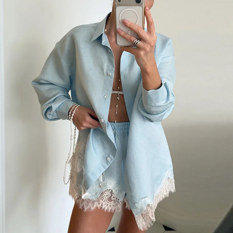 

Beach Shirts Shorts Outfits Women Lapel Single Breasted Long Sleeves Lace Patchwork Sets Female 2026 Summer Holiday Sets New