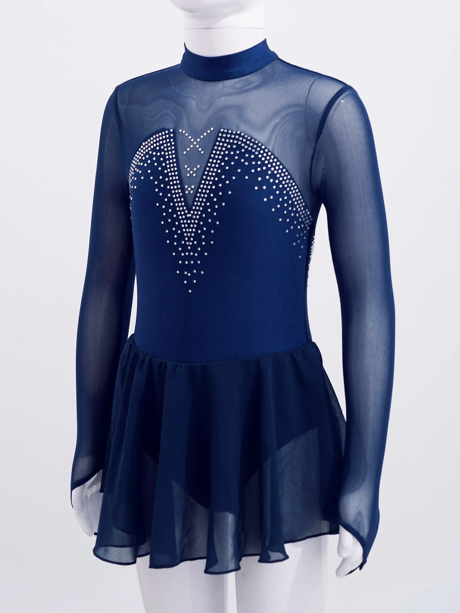 Kinder Mädchen Eiskunstlauf Kleid Moderne Lyrical Dance Ballett Gymnastik Kostüm Langarm Sheer Mesh Strass Trikot Tutu