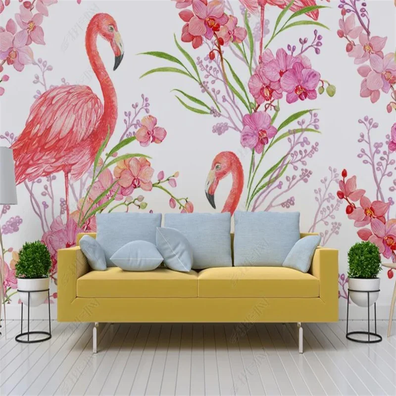 Nordic Hand-painted Flamingo Flowers Custom Mural Floral Home Decor Photo Wallpaper Bedroom Decor  3D Wall Paper