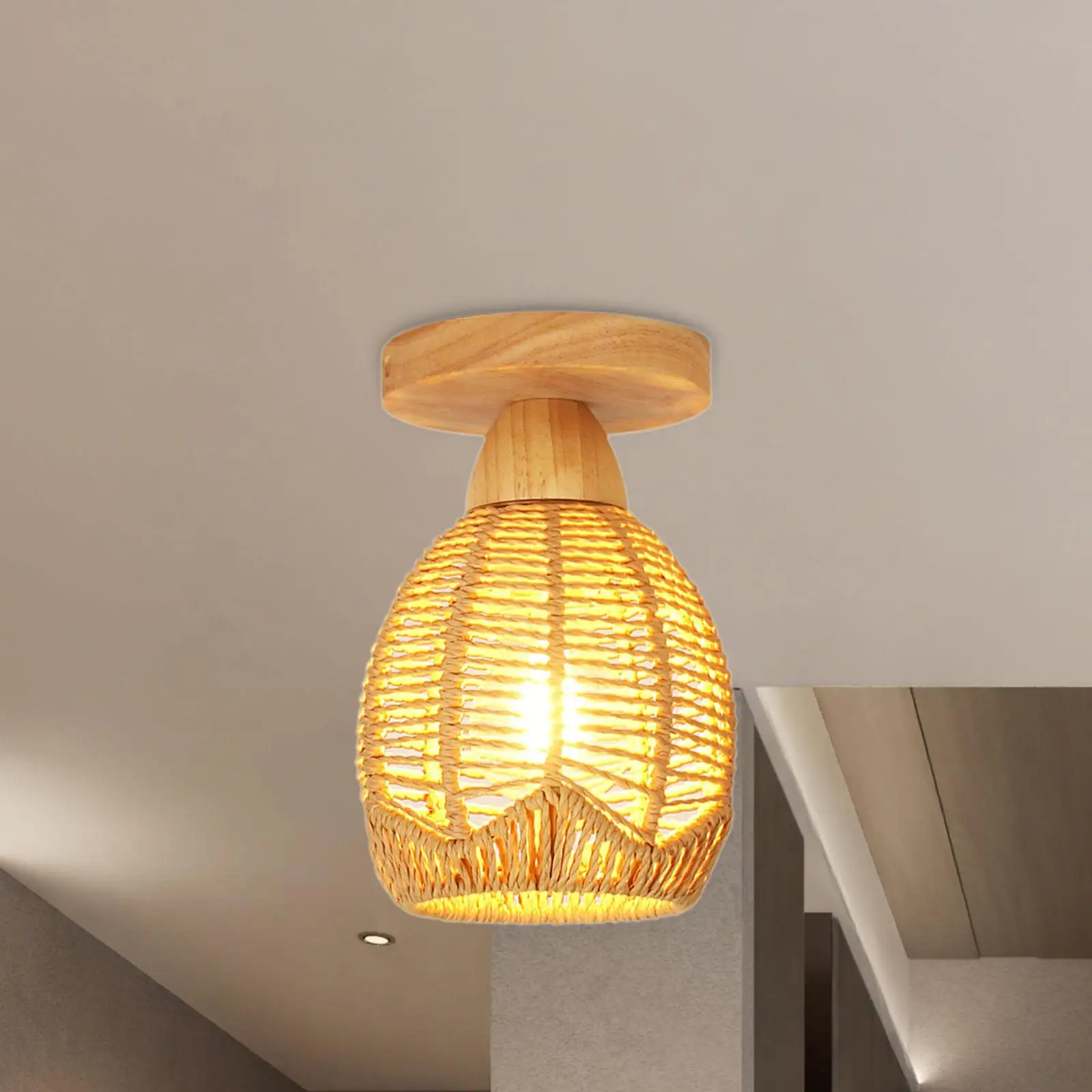 Rattan Ceiling Light Shade E26 Boho Hand Woven for Hotel Chandelier Tea Room