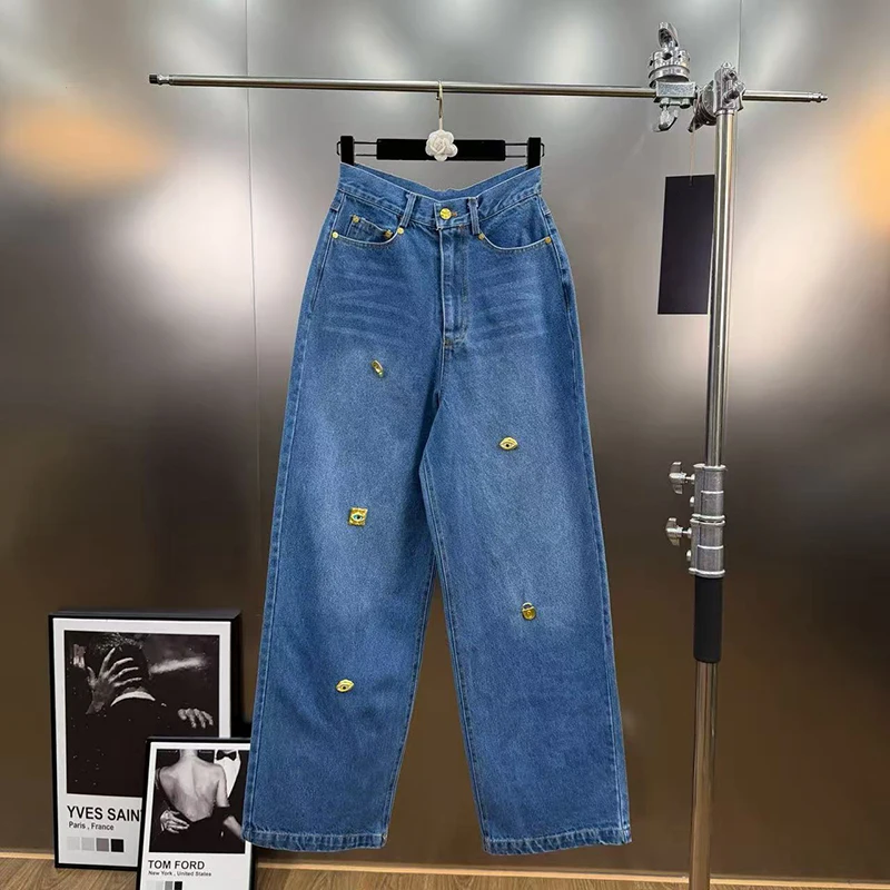 KBQ pantaloni causali larghi con diamanti impiombati solidi per donna a vita alta versatili jeans a gamba larga moda femminile stile invernale