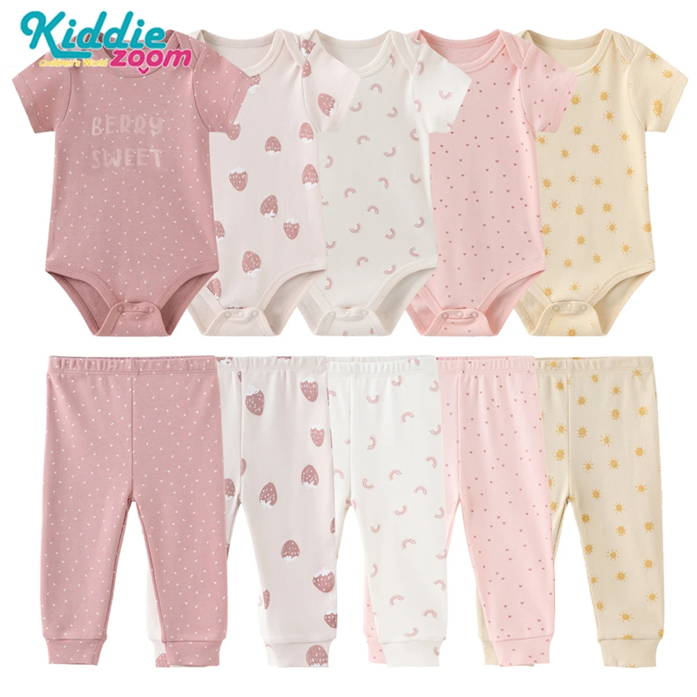 10-Piece Baby Girl Bodysuits+Pants Clothing Sets Bebe Boy Clothes Cartoon Cotton Infant Short Sleeves Onesies