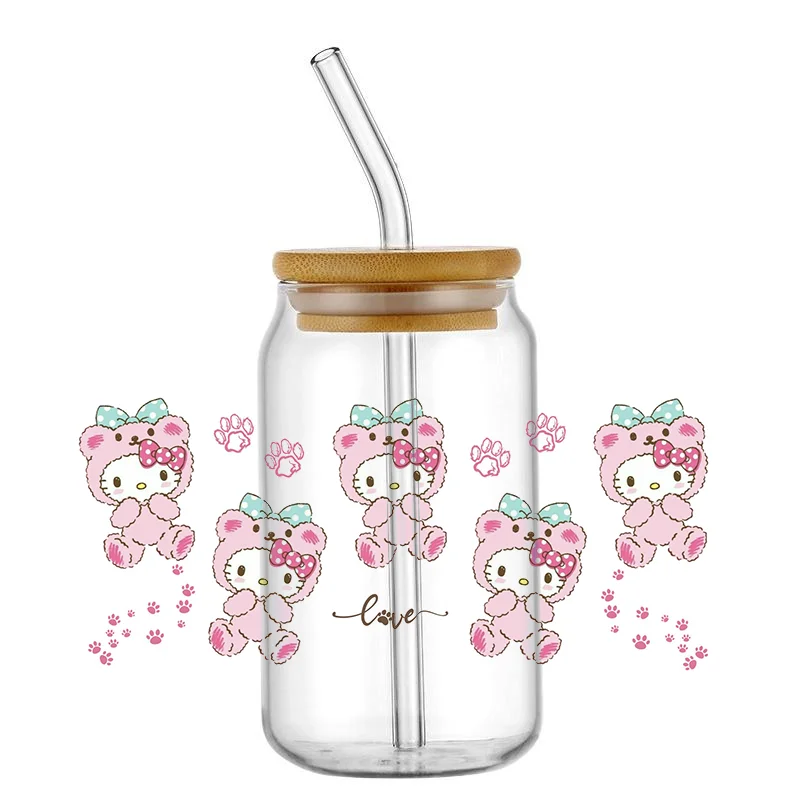 Miniso Kitty pegatina de transferencia UV DTF de dibujos animados, calcomanías personalizadas resistentes a altas temperaturas, bricolaje, tazas de vidrio de 16Oz