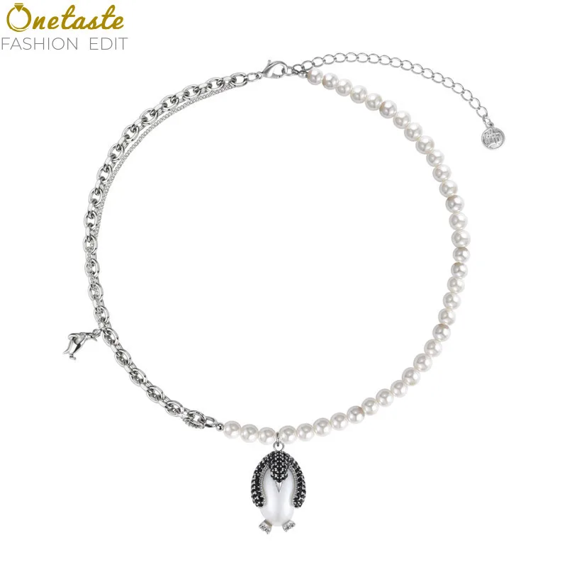 cute-penguin-pendant-simulated-pearl-necklace-for-women-silver-color-animal-choker-mixed-link-chain-resin-jewelry-aesthetic