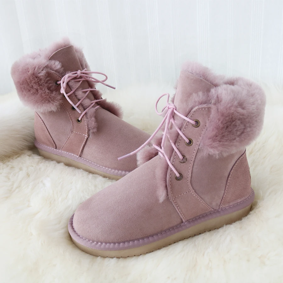 G&Zaco Genuine Sheepskin Boots Women Sheep Wool Boots Shoes Suede Leather Sheep Fur Boots Mid-calf  Flat Warm Winter Shoes