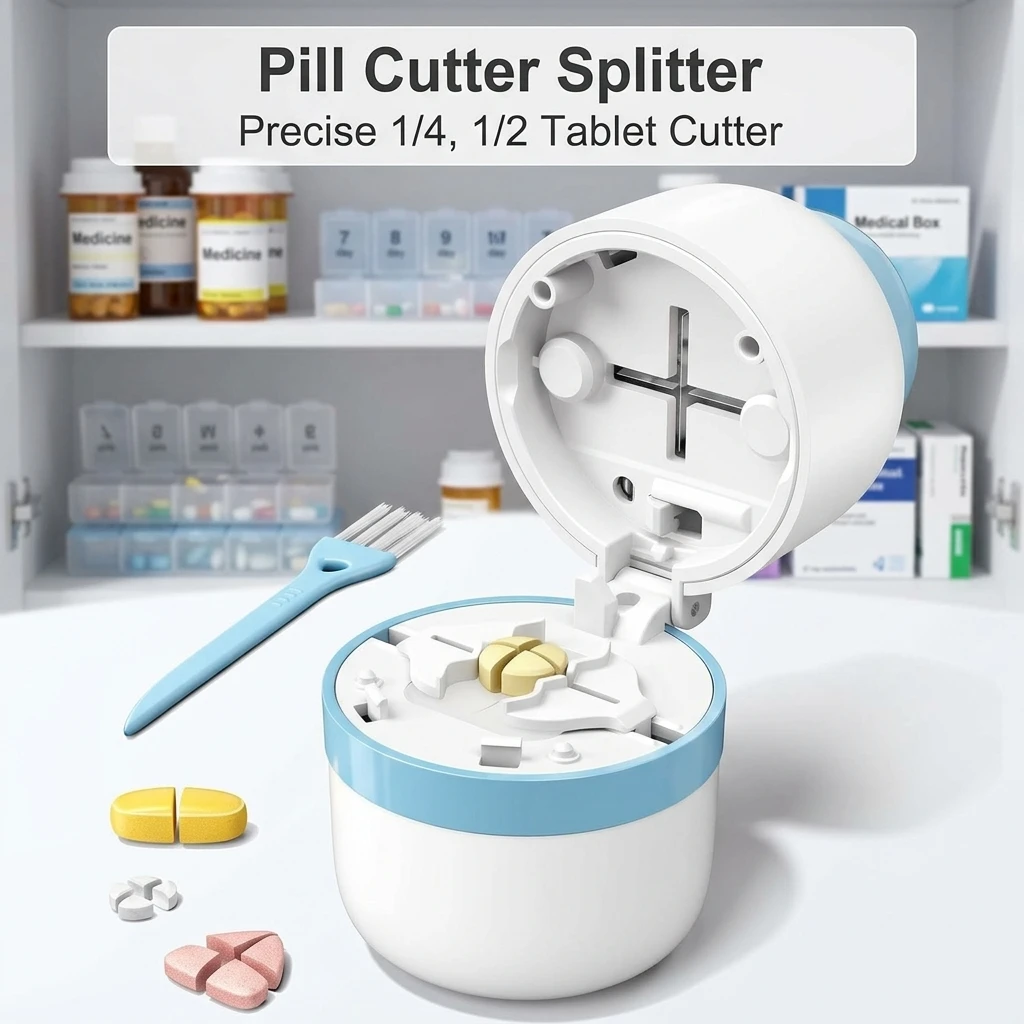Daviky Pill Cutter Splitter for Small and Tiny Pills, Dual Safety Blades,Precise 1/4, 1/2 Tablet Cutter, Built-in Storage