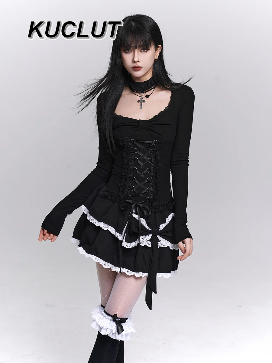 

Fashion Girl Black Waist-Cinching Long Sleeve Top for Women Spring and Autumn Gothic Style Subculture Square Neck Tee Women
