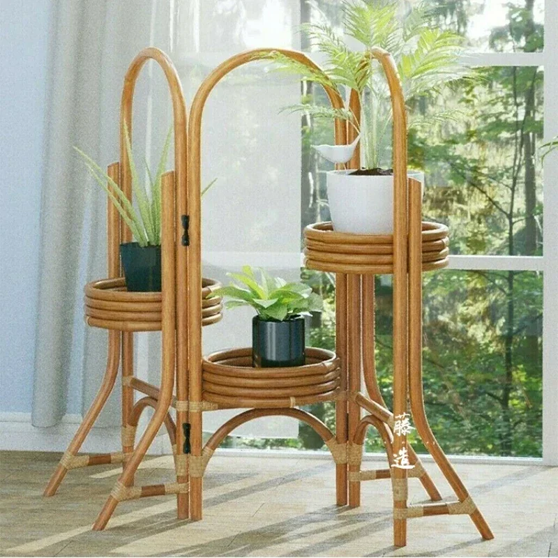 Natural Retro Plant Shelves Handmade Rattan Weave Stand for Flower Creative Folding Flower Base Interior Decoration Plant Holder