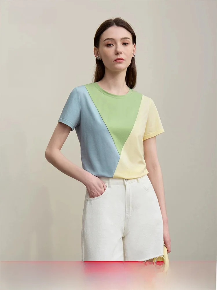 

Casual round Neck Color Block Geometry Splicing Ice Porcelain Cotton Short Sleeve T-Shirt Women's Elastic Top Summer New