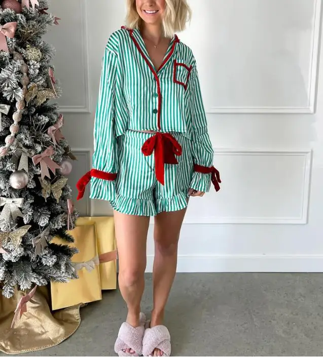 Women 2 Piece Satin Pyjama Set Cute Bow Striped Short Sleeve Shirt Loose Shorts Matching Set Summer Casual Loungewear S-XL