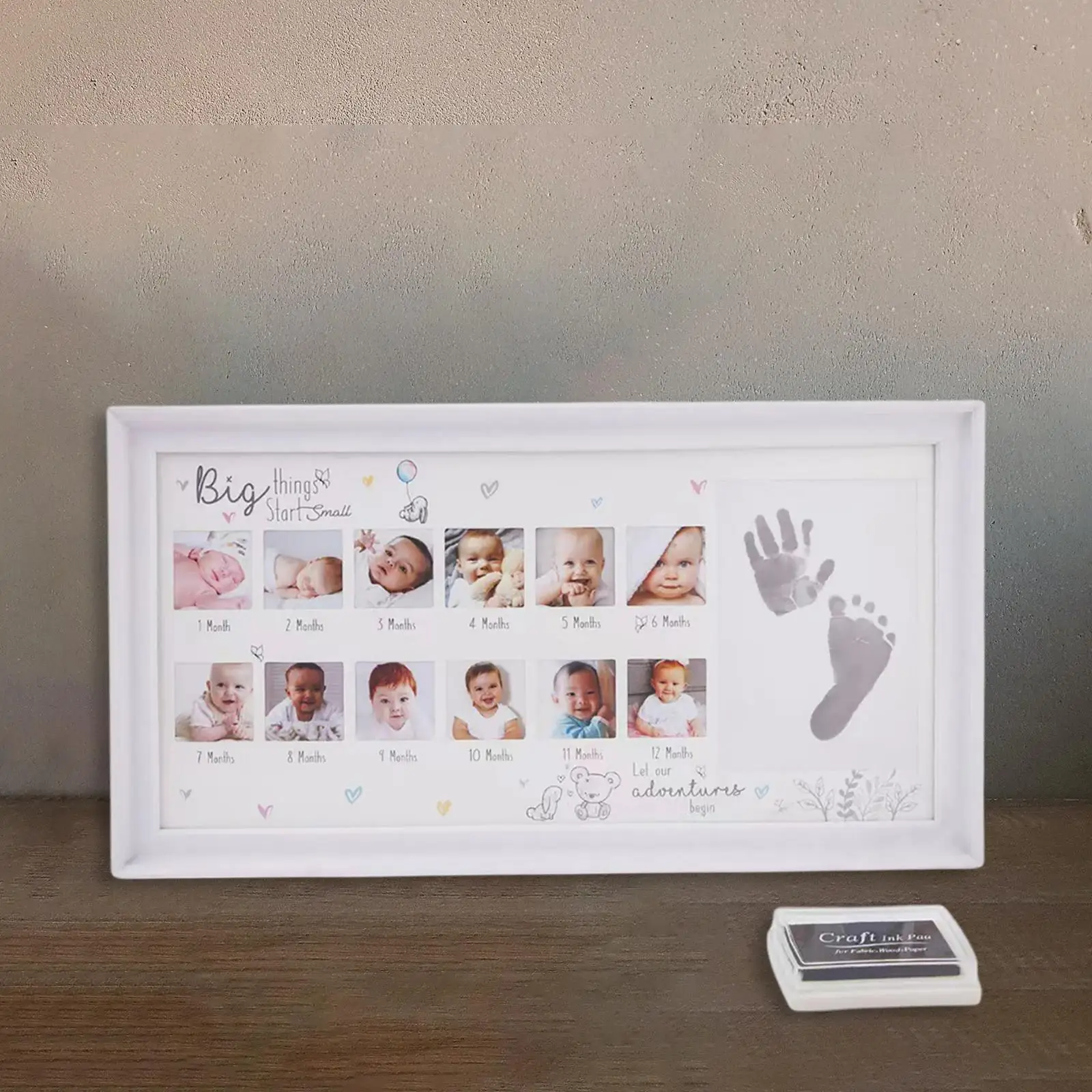 Baby Photo Frame Newborn DIY 0-12 Month Kids Gift My First Year Baby Shower Picture Frame with Ink Pad Footprint & Handprint