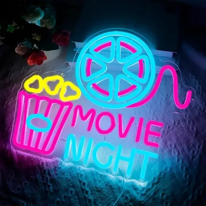 Movie Night with popcorn carton neon, movie theater LED neon for wall decoration, movie home theater decoration, dimmable USB