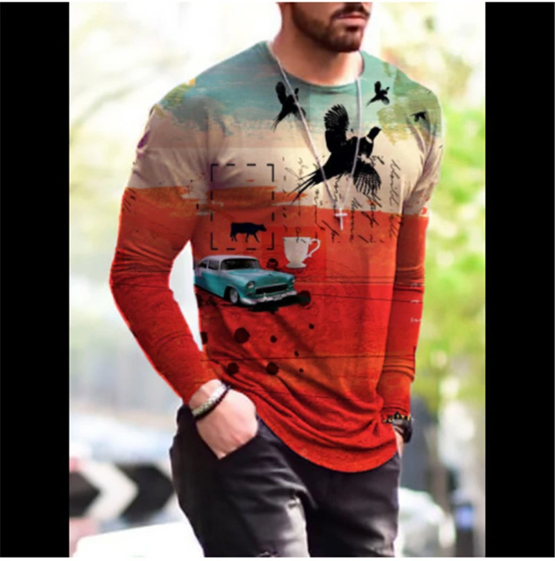 Spring Autumn Long Sleeve Men's 3D T-Shirts Tie-dye Street Patchwork Pattern Printing Male Tops 4XL Plus Size Loose Casual Tees