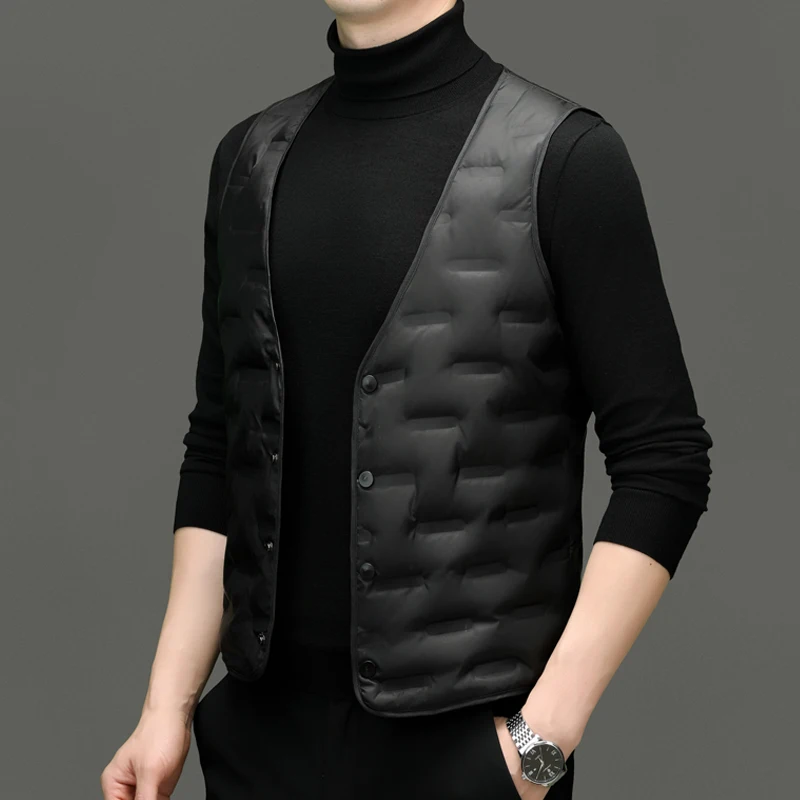Men Lightweight Warm Puff Down Coat Black V-Neck Thermal Waistcoat Winter Autumn Cosy Sleeveless Outerwear Leisure Look
