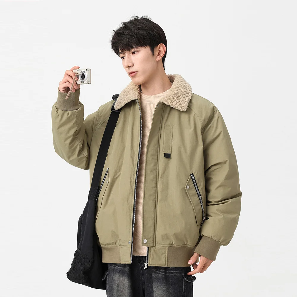 

Men Jacket Autumn Winter Thicken Turn Down Collar Male Coat Vintaeg Long Sleeve Pocket Zipper Loose Versatile Man Outerwear