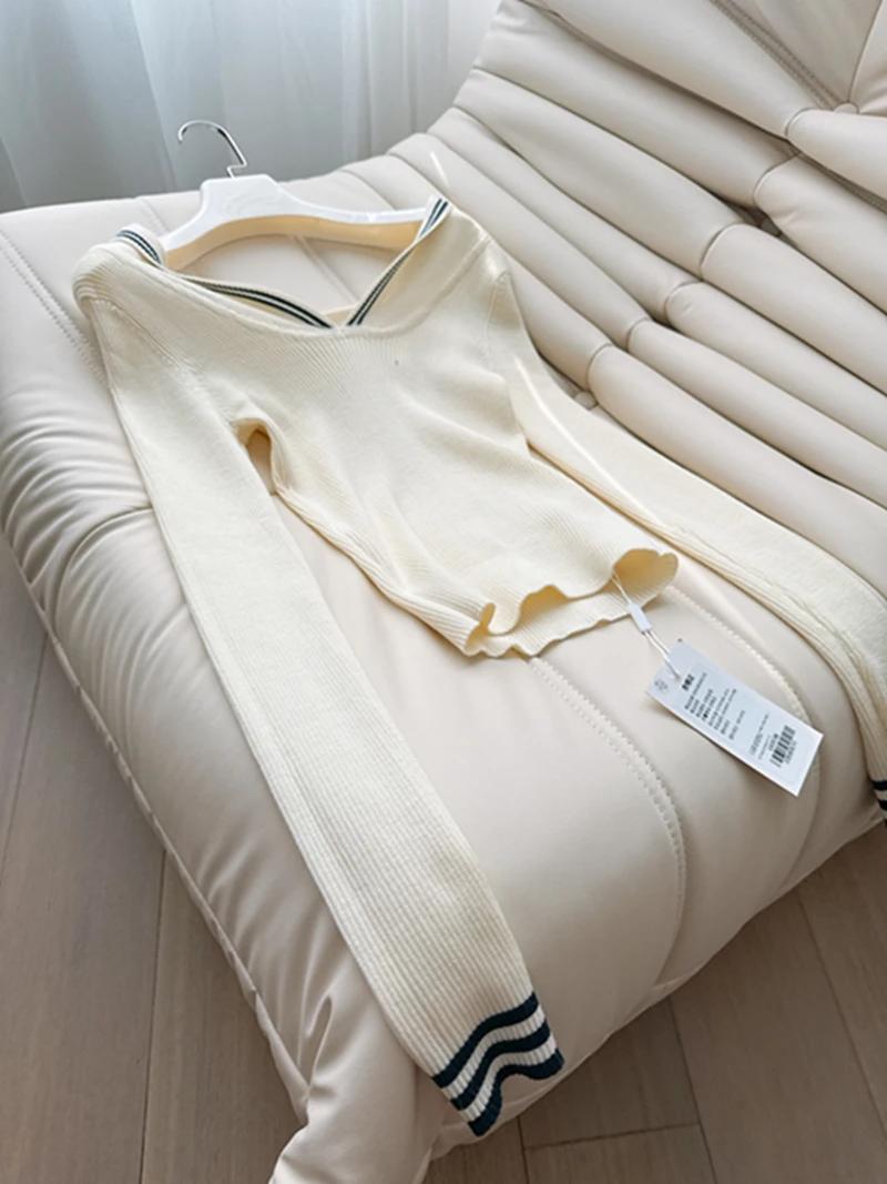 

mat Naval Collar White Woolen Knitted Long Sve Top Versatile 00 Wool Winter Faion Women's Premium Quali Knitwear