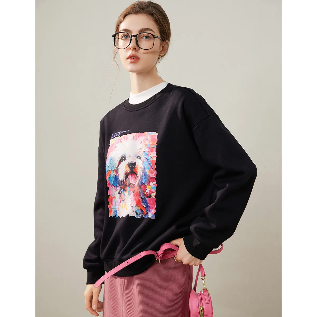 LOUIS YAO Fashionable Printed Women's Long Sleeve Sweatshirts 2025 Winter Thick Fleece Round Neck Hoodie Chic Street Woman Tops
