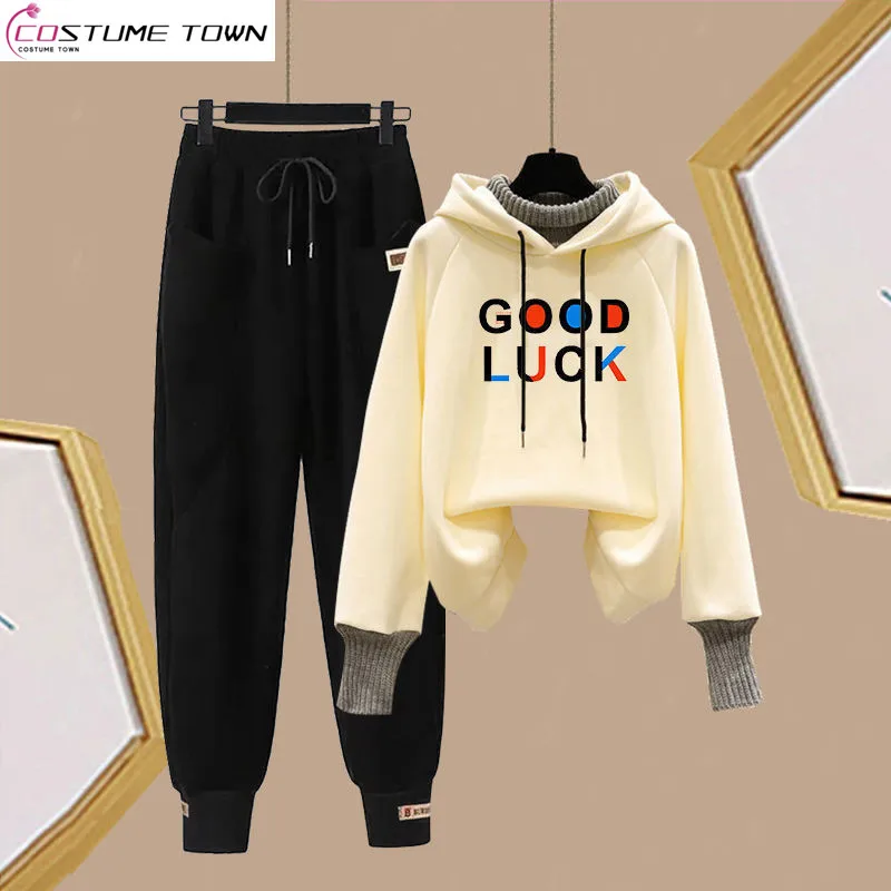 Autumn and Winter Plush and Thickened Set for Women\'s Korean Version Loose Fitting Two-piece Top Casual Pants Two-piece Set