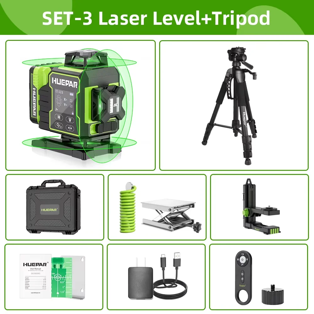Huepar W04CG Laserniveau Zelfnivellerend 4x360 ° Bluetooth 4D groene Lazer Leveler Tool met elektrische roterende basis Groot LCD-scherm
