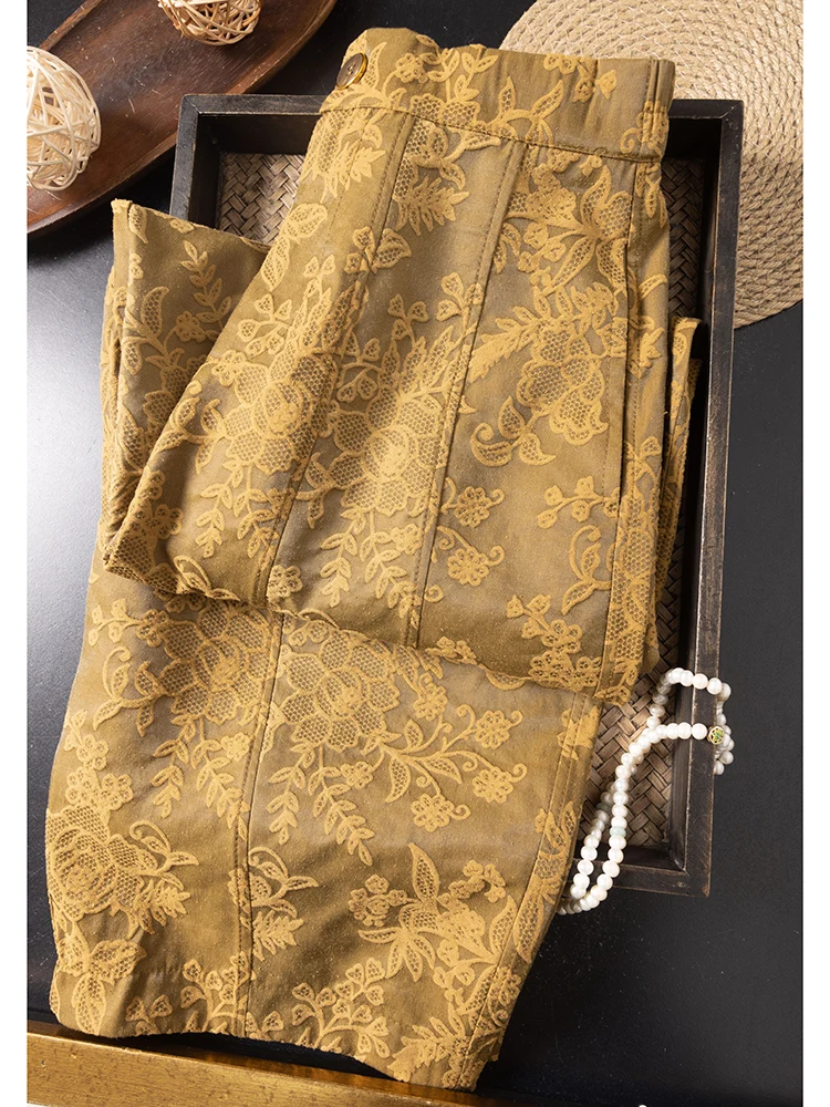 الزيتون الأخضر الأزهار جديد الصينية دعوى الخصر الجاكار 75.4% الحرير التوت الطبيعي المرأة المألوف مرونة الخصر سراويل تقليدية