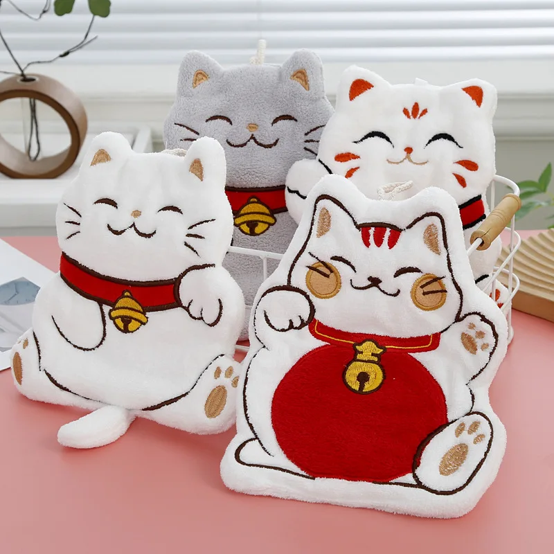 1Piece Cute Hand Towel Cartoon Lucky Cat Thickened QuickDrying Wiping Towel Bathroom Coral Velvet Water Absorption Hanging Towel