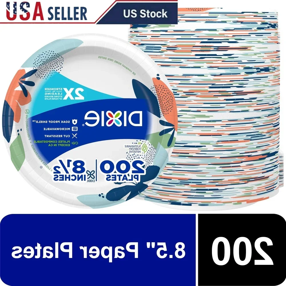 

Одноразовые бумажные тарелки 8,5 дюймов, 200 шт., компостируемые, безопасные для микроволновой печи, прочные, герметичные, для вечеринки, пикника, повседневного использования