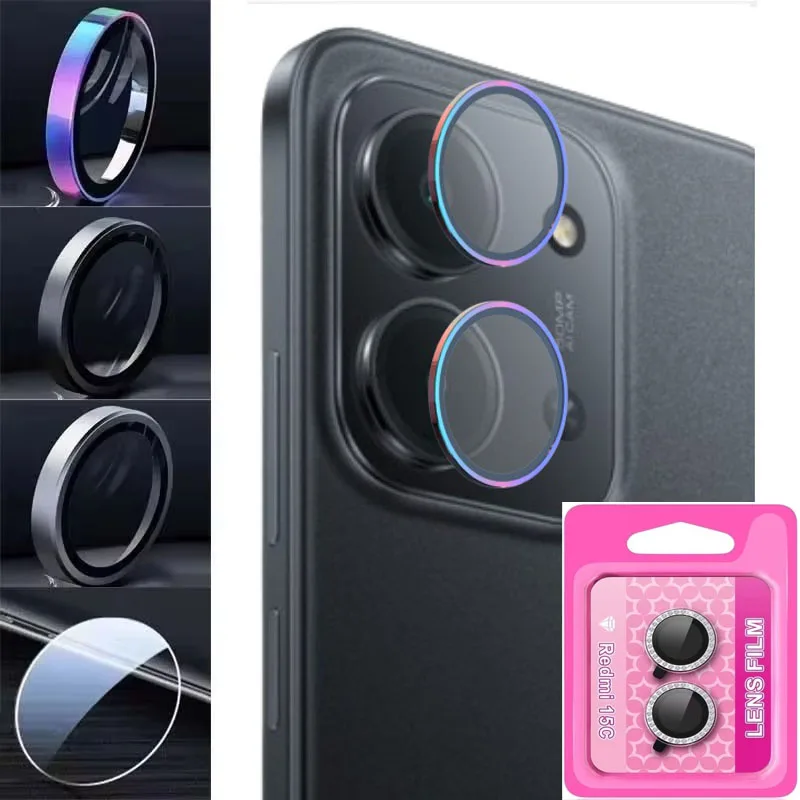 for Redmi 15C Lens Protector Colorful Metal Ring Rhinestone Tempered Glass Cap Camera Protective Cover Hard Film Glass