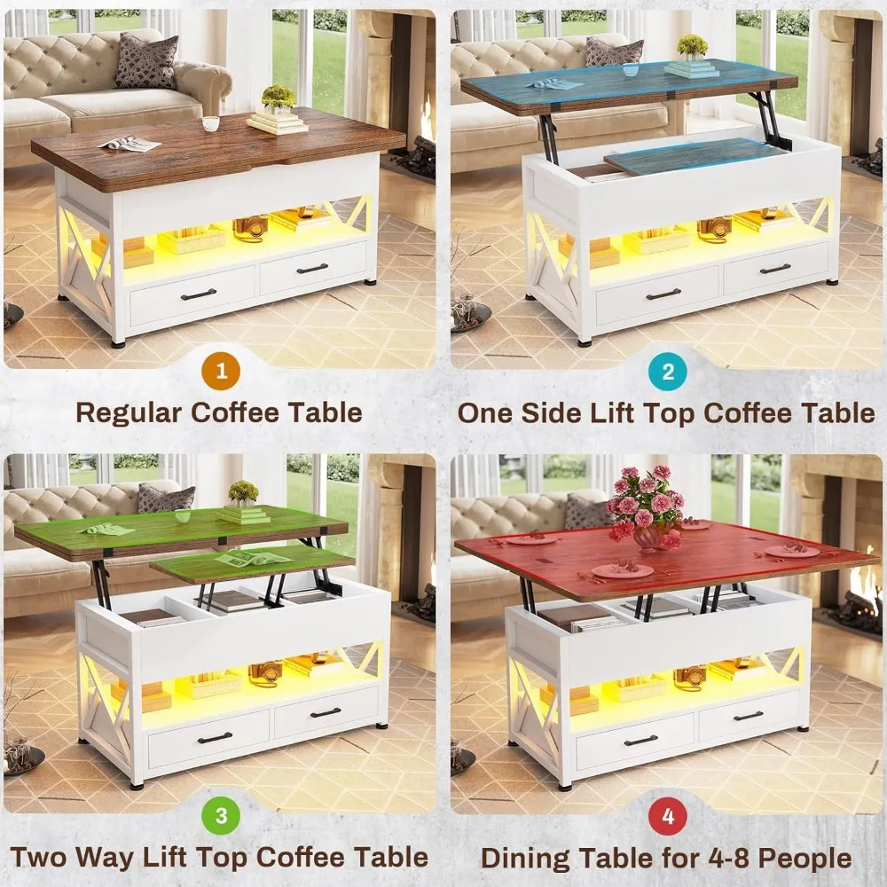 LED-Illuminated 4-in-1 White Coffee Table with Storage, Drawers for Living Room, Small Space-Saving Option