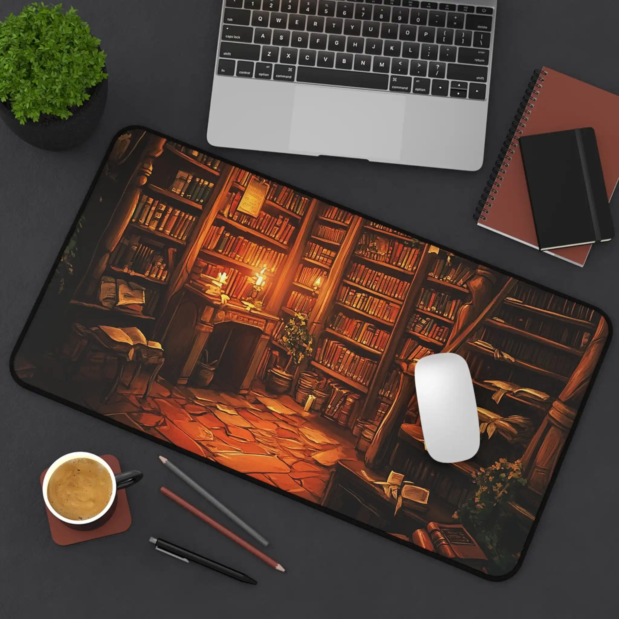 Magic Library-themed Vintage Book Desk Mat, A Charming Study Decoration for Book Lovers, Warm-toned Desktop Accessory XXL