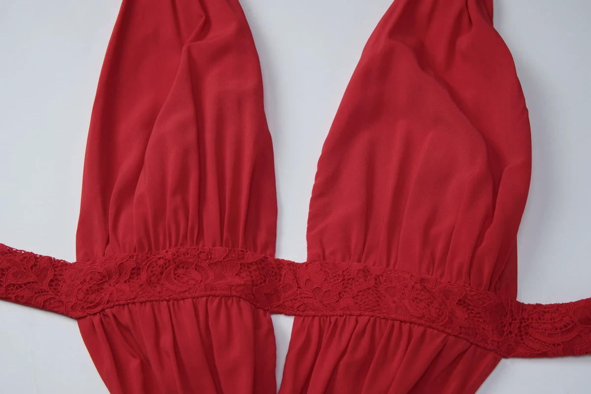 Hugcitar Damenmode, Neckholder, V-Ausschnitt, einfarbig, rückenfrei, gerüscht, mit Schnürung, sexy Maxikleid, Patchwork-Spitze, Sommerkleid, Strandurlaub – Detail 6