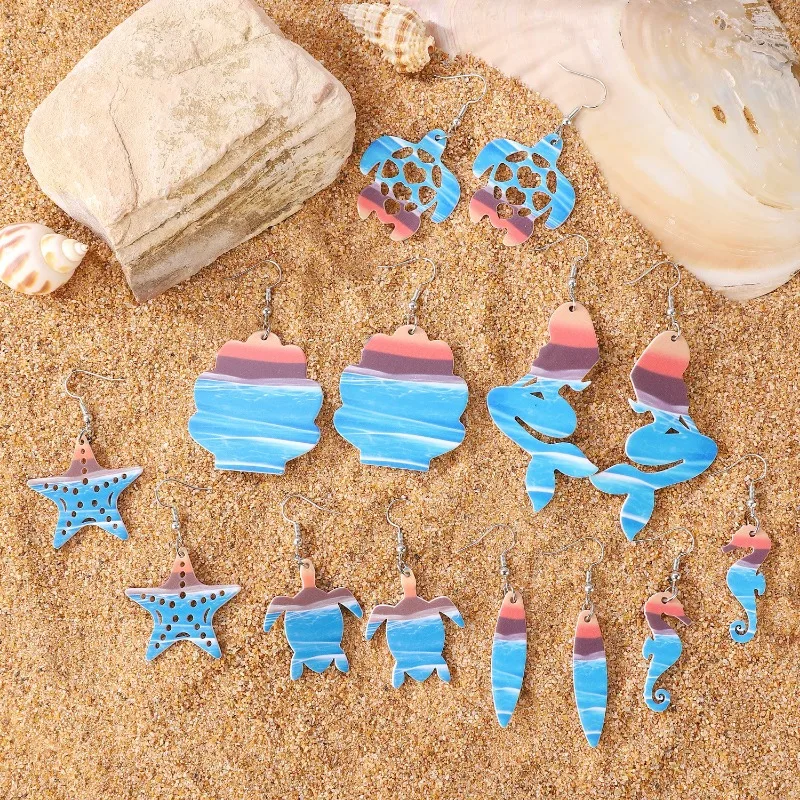 Blue Bohe Acrylic Shell Starfish Turtle Dangle Earring For Women Summer Beach Sea Horse Drop Geometric Earring Fashion Jewelry