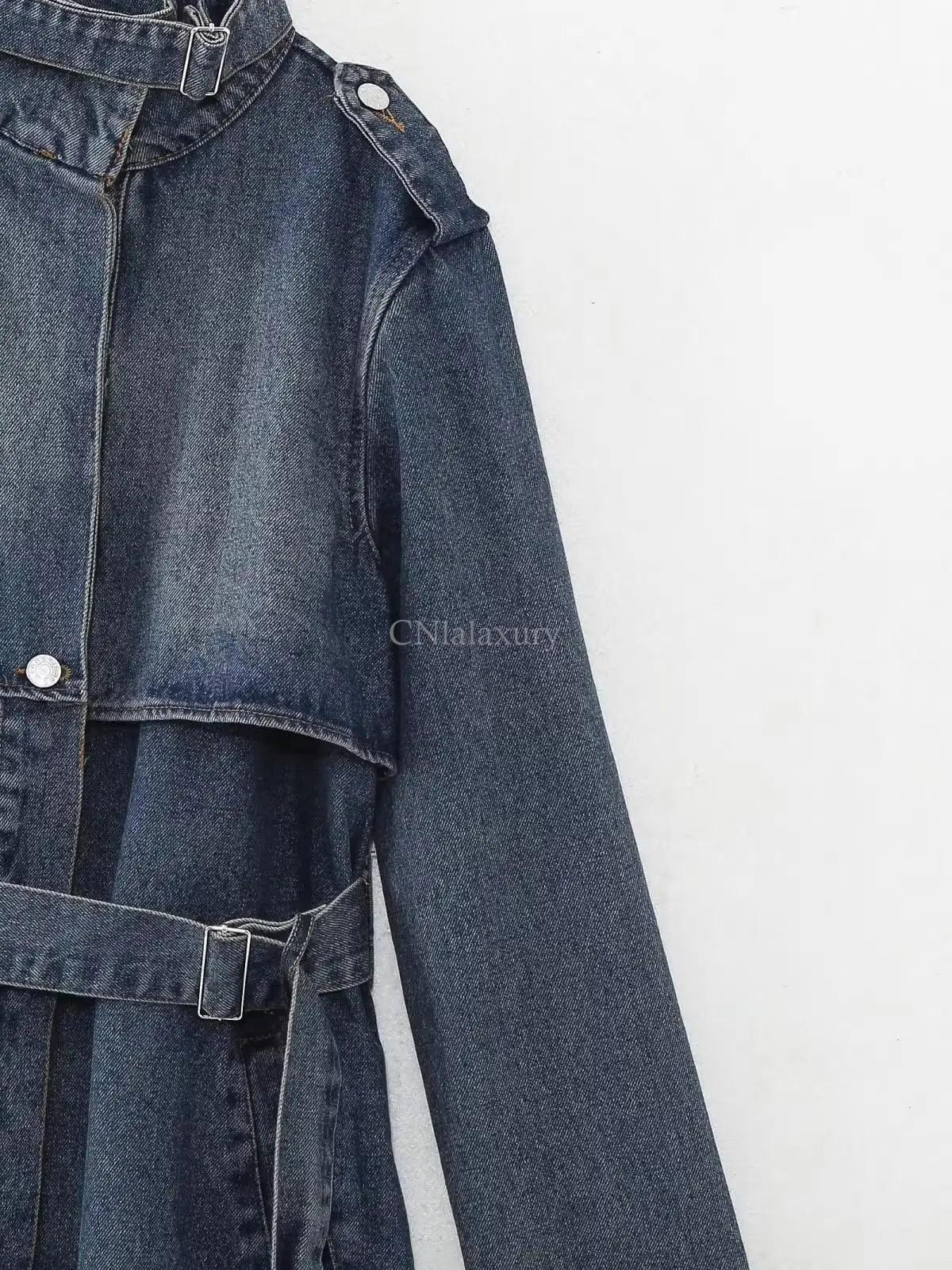 CNlalaxury 2023 Autumn Winter Women New Solid Color Fashion Simplicity Lace Up Denim Wind Coat Long Loose Stand Collar Trench