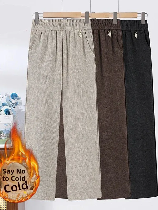 

High Waist Thickened Fleece Lined Straight Leg Pants for Middle Aged And Elderly Women Fashionable Autumn Winter Casual Trousers