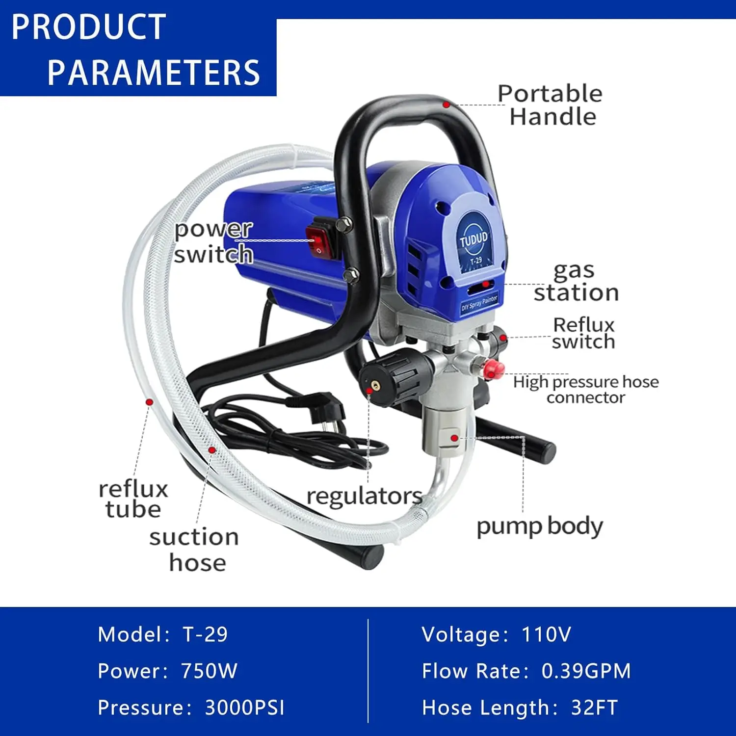 Pulverizador 3000psi 750w máquina de pulverização mal ventilada de alta eficiência, pintor de energia de suporte com pistola de pintura para casa diy, parede, cercas pa