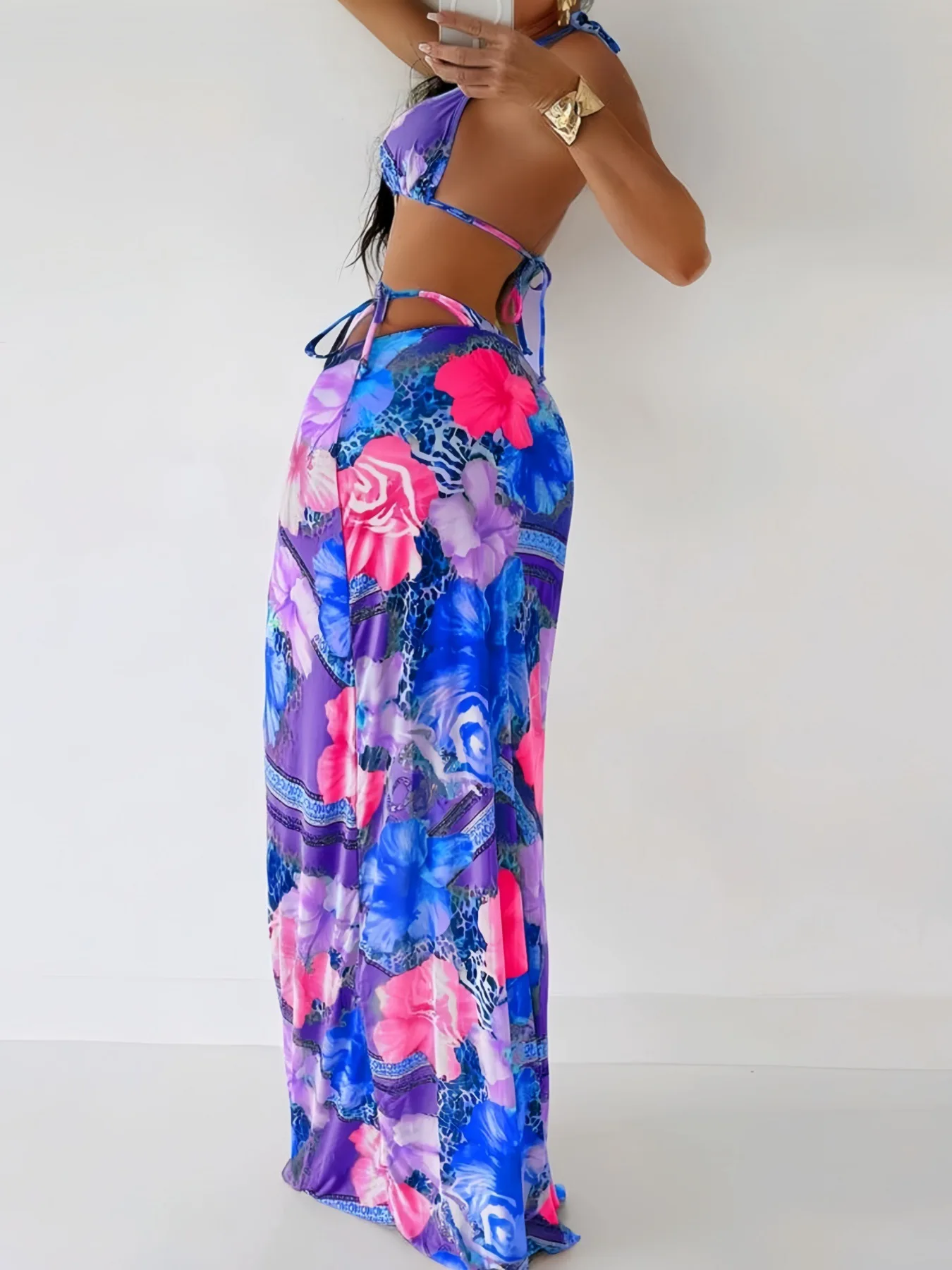 Cikini Conjunto de sujetador con tirantes finos y copa triangular estampada para mujer de 3 piezas para vacaciones en la playa de verano