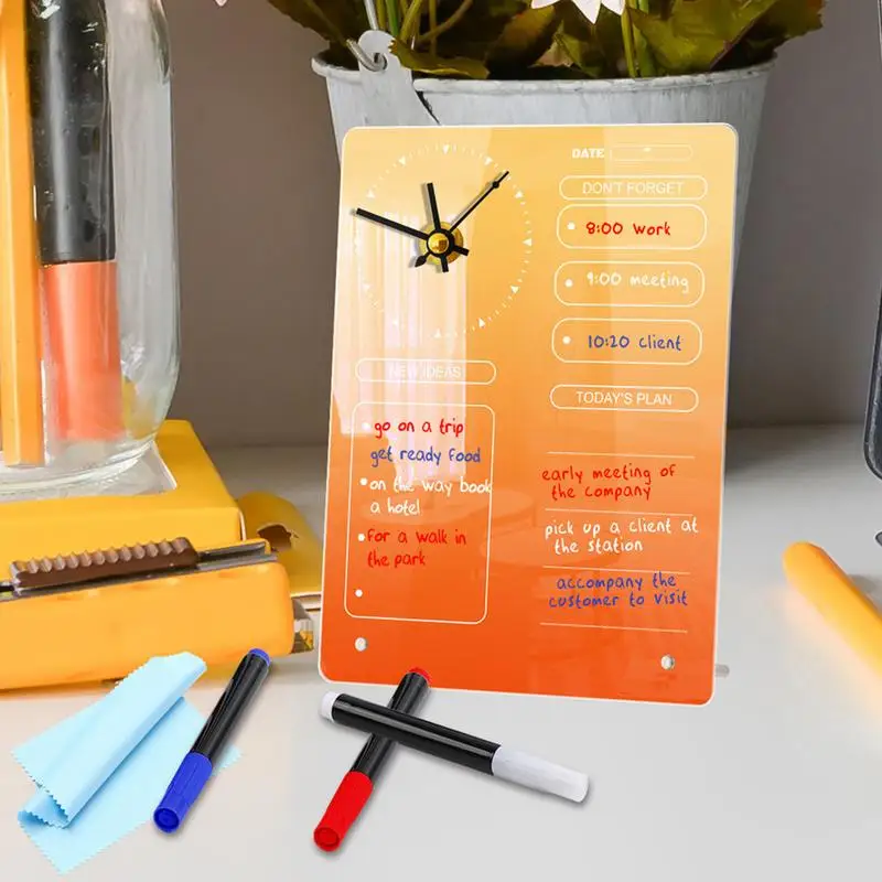 Creative Clock Message Memo Board Acrylic Note Board For Daily Plans Memo With 3 Pens And 1 Rag Home Office Desktop Decoration