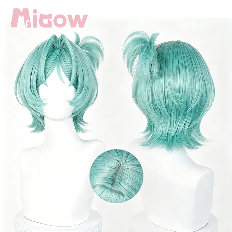 Game ZenlessZoneZero Roxy Cosplay Wig, Mint‑Green Short with Small Side Ponytail Heat‑Resistant Synthetic Hair for Halloween