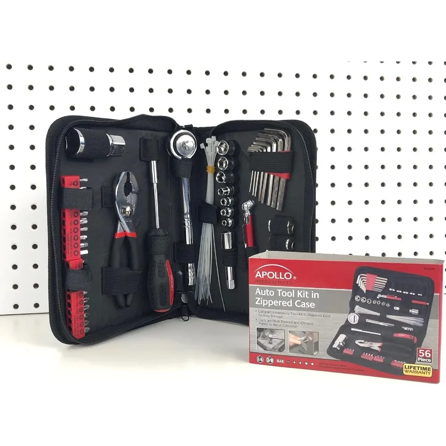 56Piece Compact Metric Auto Tool Set in Zippered Case for Car Emergency Repair Motorcycle Maintenance on the Road Ideal Portabl