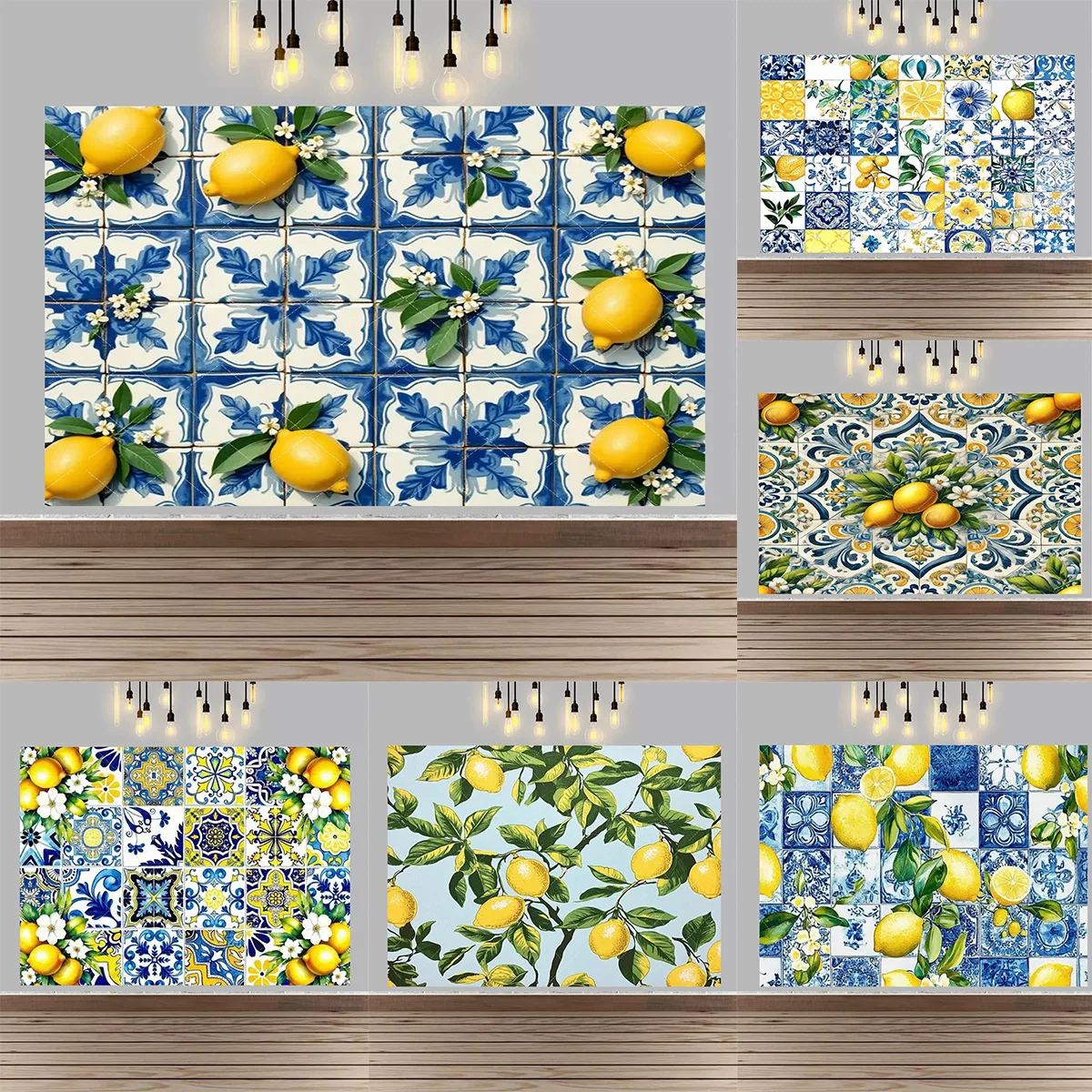 Lemon and Tile Theme Birthday party Backdrop Mediterranean Style Home Decor Backdrop Wedding Baby Baptism Party Supplies