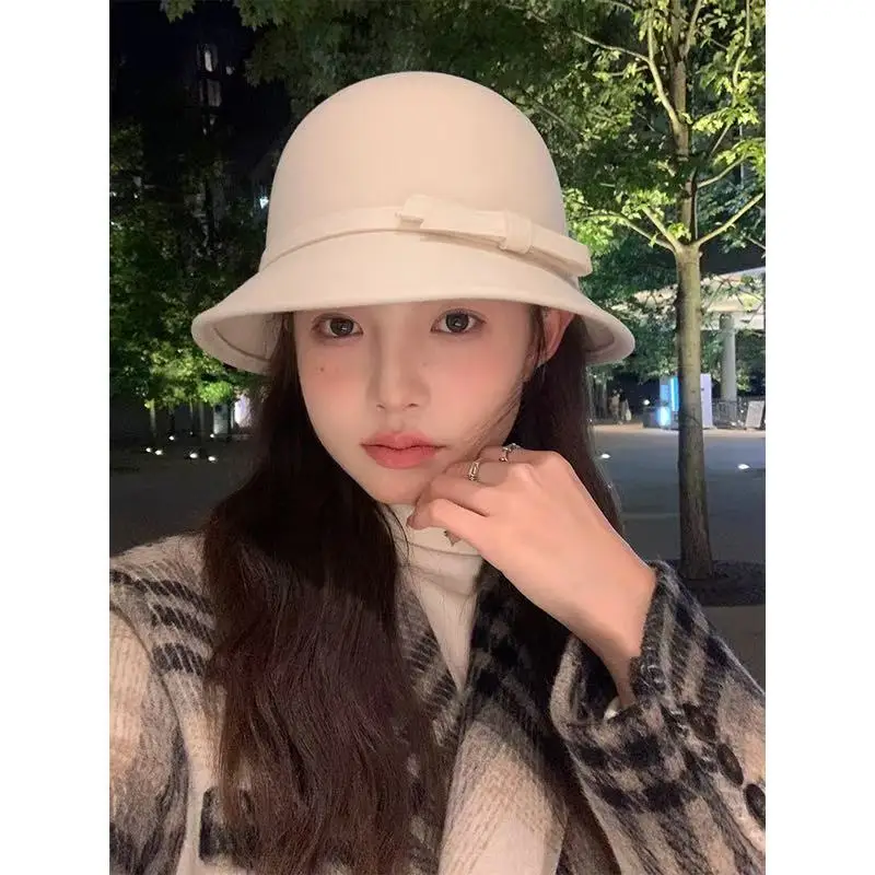 우아한 오드리 헵번 스타일 울 펠트 버킷 햇 - 프렌치 시크 샤넬 스타일 여성용 페도라 가을 겨울용