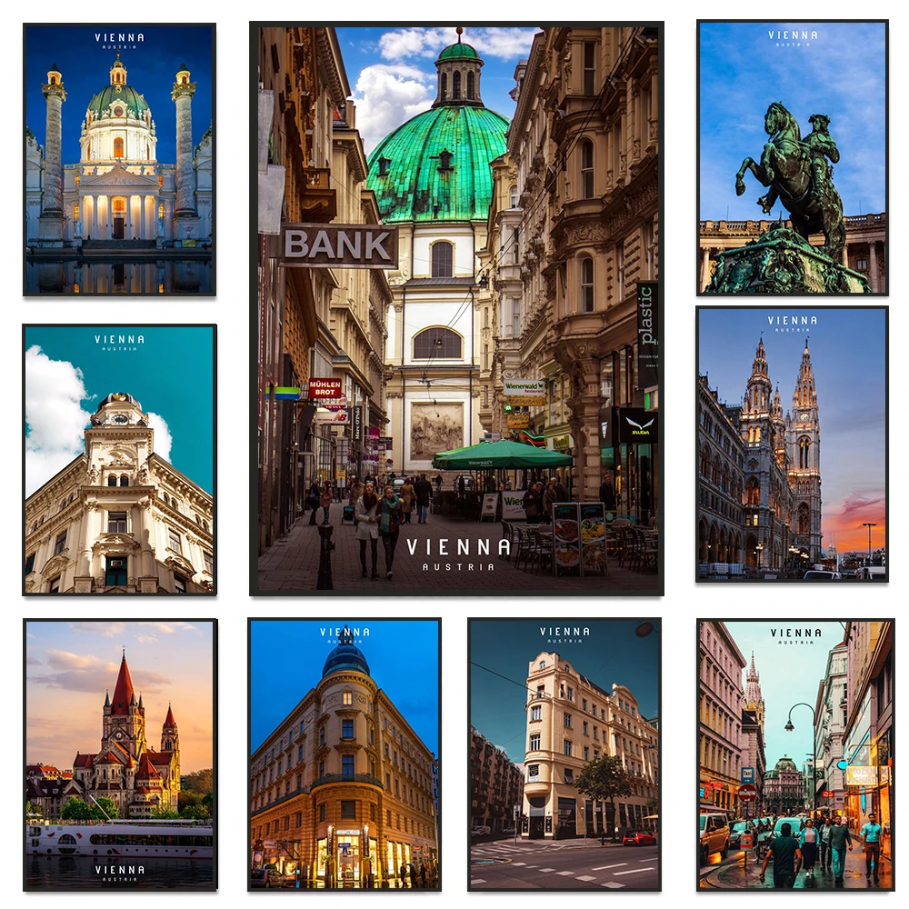 ملصقات مناطق ذات مناظر خلابة في المدن الشهيرة ، لوحة قماشية مطبوعة ، فن جدران بناء فيينا ، صور لغرفة المعيشة ، ديكور المنزل #1
