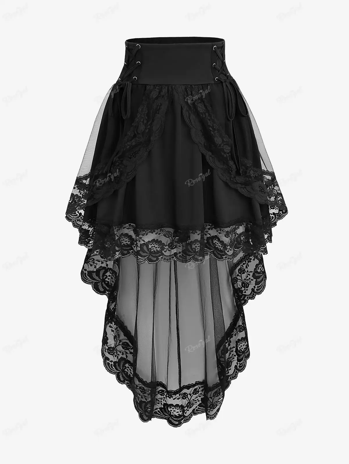 

ROSEGAL Plus Size Asymmetric A Line Skirt Black Patchwork Floral Lace Overlay Lace-up Ruched Peplum Hem High Low Skirts