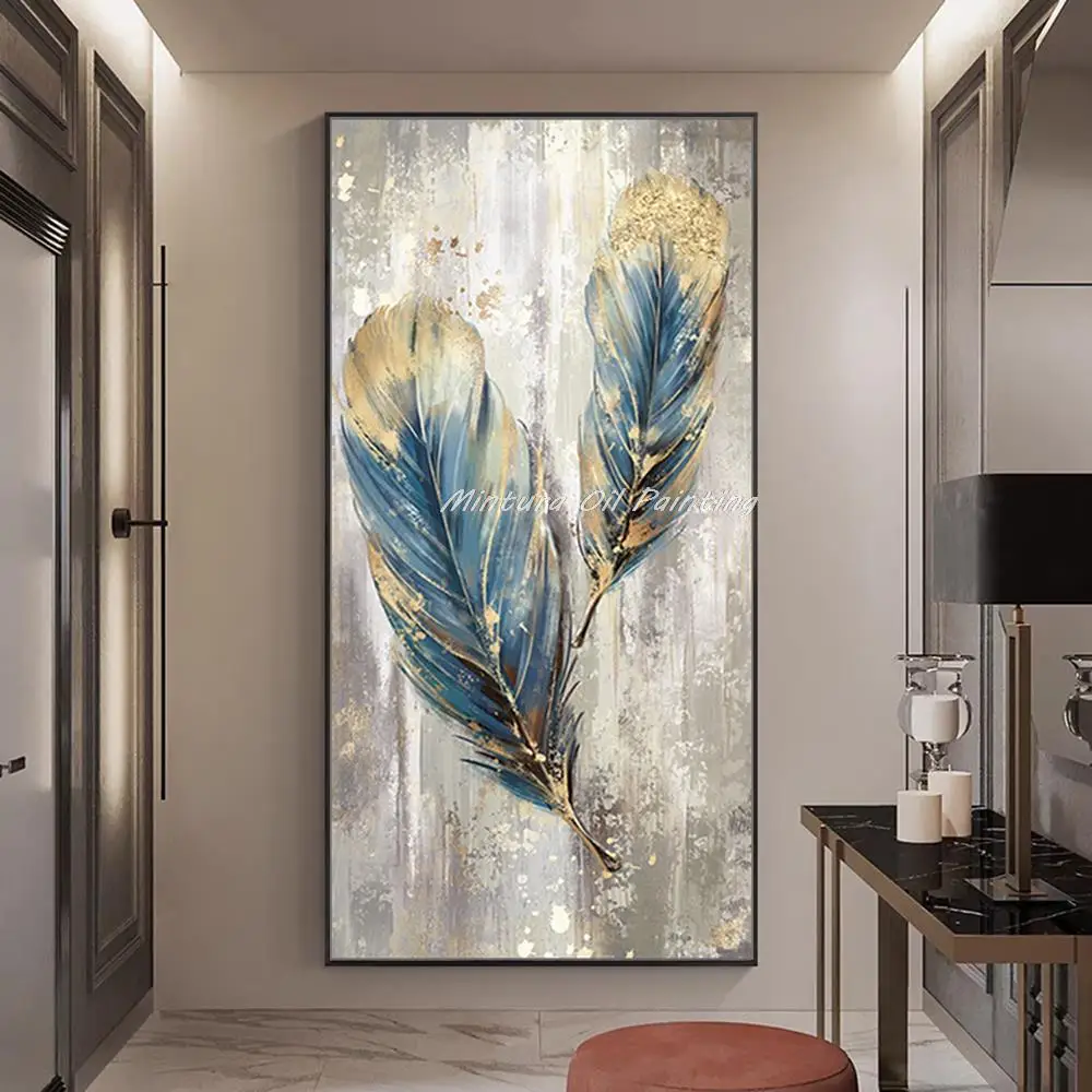 Mintura Handpainted Golden Feather Oil Painting on Canvas,Abstract Wall Art Picture,Living Room Decor Modern Entrance Decoration