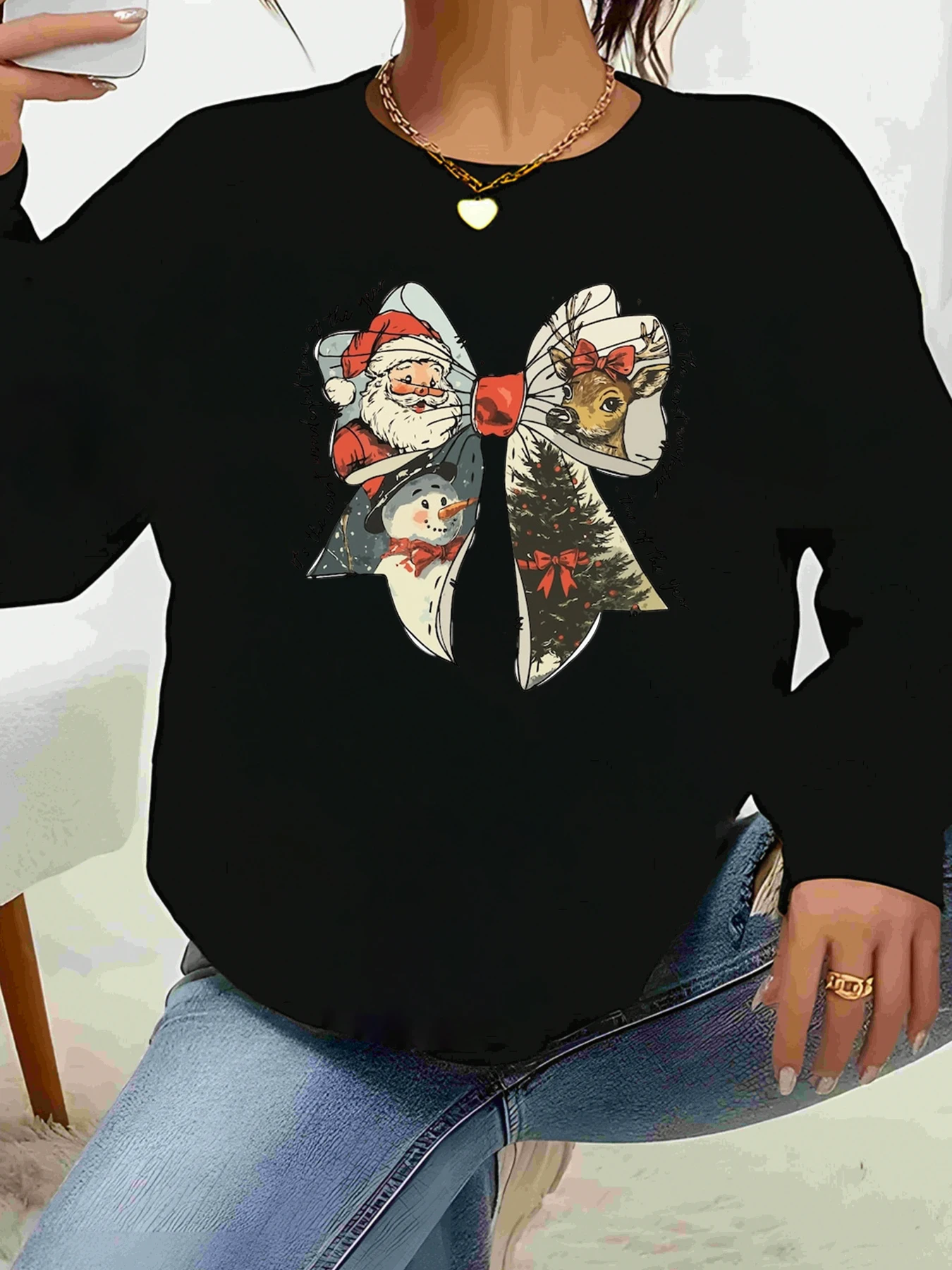 

Рождественский свитер с длинными рукавами и принтом Санта-оленя, снеговика, дерева и банта, праздничный женский повседневный топ