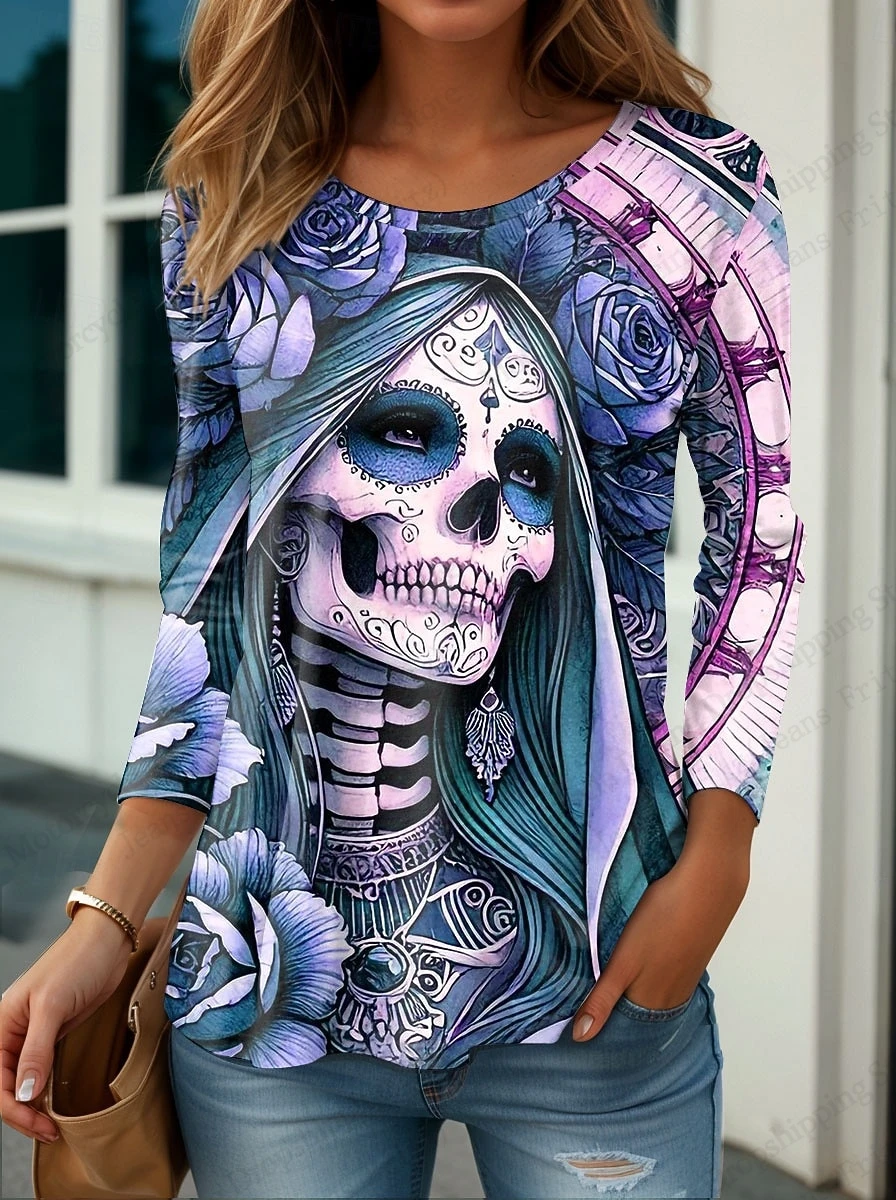 المرأة تي شيرت الأزهار الجمجمة خمر ثلاثية الأبعاد طباعة طويلة الأكمام تي شيرت المرأة موضة المتضخم الميت بلايز تيز ربيع خريف شتاء #4
