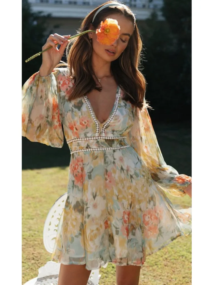 Vestido estampado elegante para mujer, Mini Vestidos Vintage sexis de manga larga con cuello en V, Vestidos de fiesta bohemios, ropa para mujer, novedad de verano