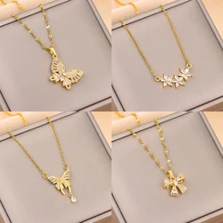 New Trendy Zircon Crystal Pendant Necklace For Women Female Sweet Gold Color Stainless Steel Clavicle Chain Jewelry Wholesale