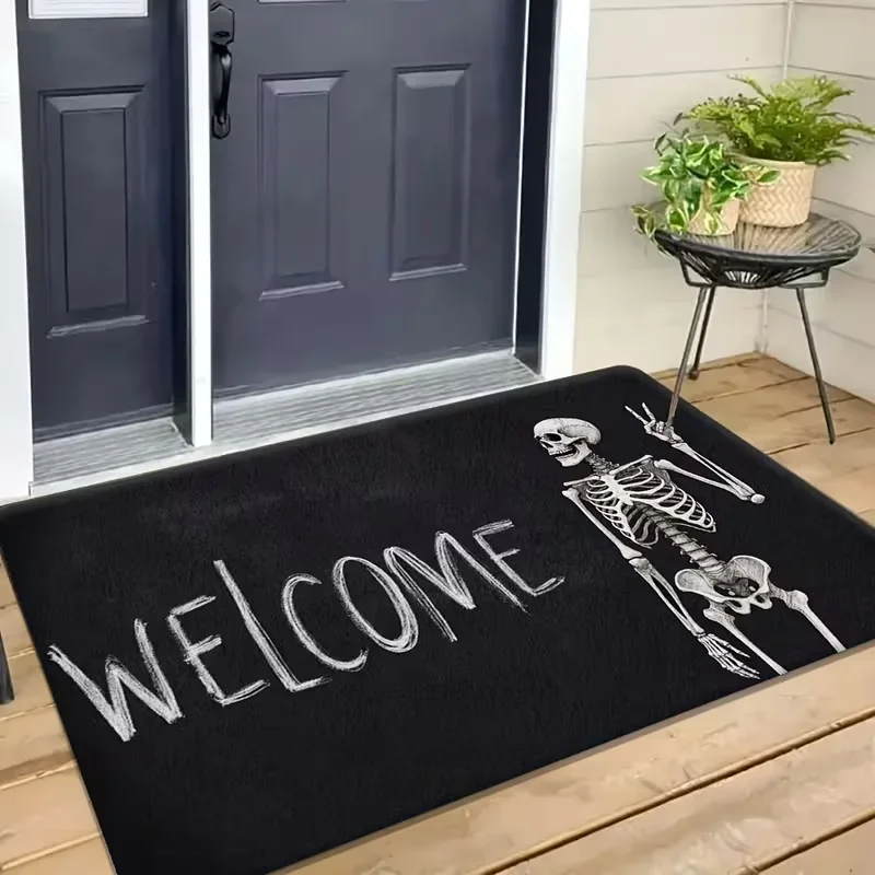 Skull Skeleton Welcome Carpet Front Door Mat Gothic Horror Style Pattern Entry Rug for Halloween Indoor Outdoor Entrance Home