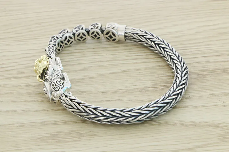 Precision pure silver handmade woven Pixiu bracelet, men's trendy retro ethnic style jewelry, Thai silver money bracelet