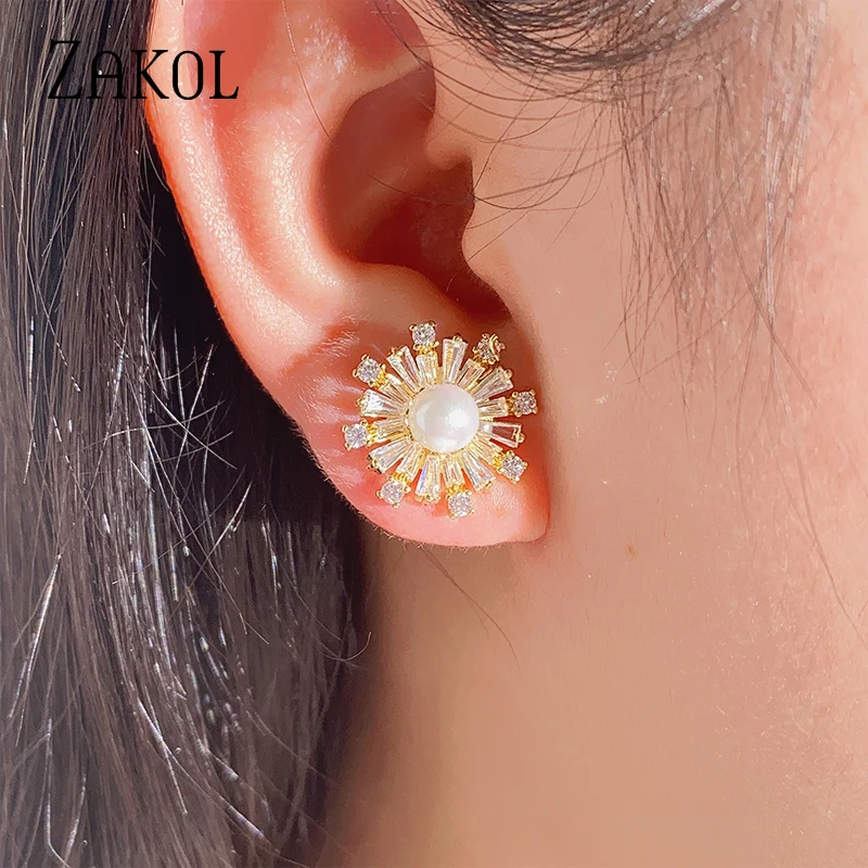 ZAKOL New Exquisite Cubic Zirconia & Imitation Pearls Snowflake Stud Earrings for Women Fashion Party Birthday Christmas Gift